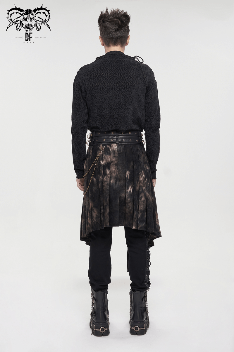 Gothic Open Front Irregular Half Skirt / Men's Half Skirt With Buckle Belts, Chain, Rings & Rivets
