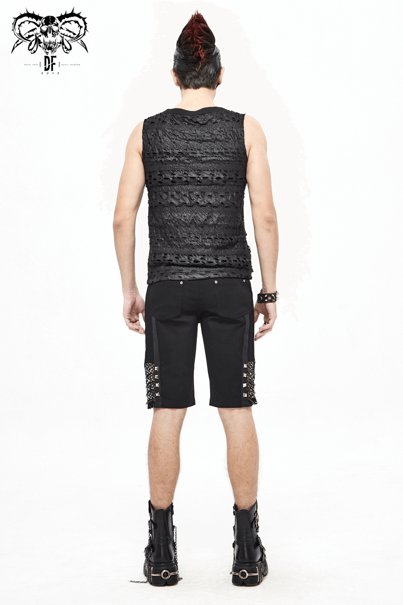 Gothic Punk Rivets Mesh Shorts / Black Shorts with Rope for Men / Alternative Clothing
