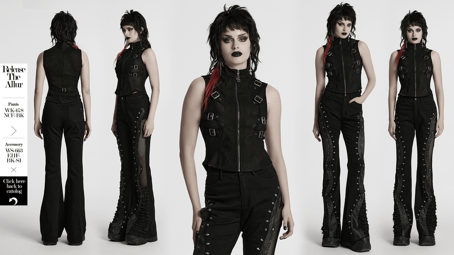 Gothic Punk Suede Buckle Vest with Skeleton Cutouts