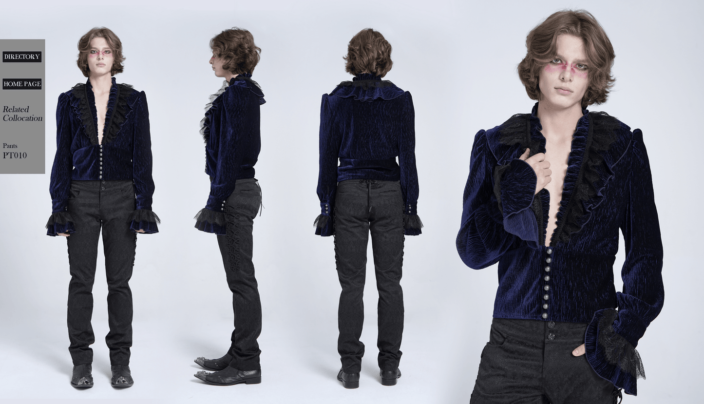 Gothic Ruffled Velvet Shirt with Lace and Pearls