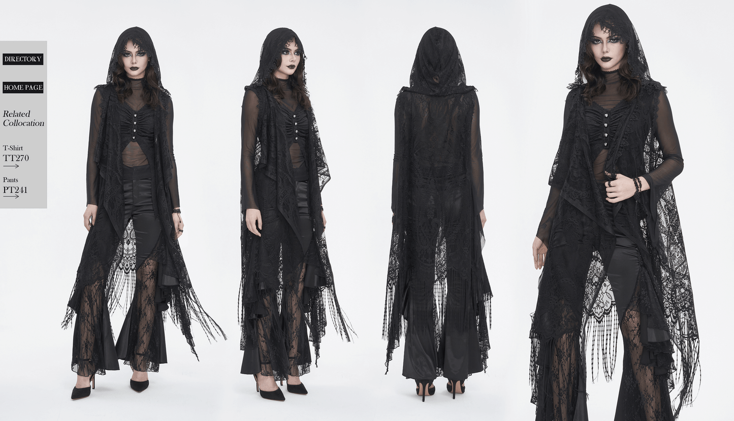 Gothic Sleeveless Hooded Lace Tasseled Cape For Women