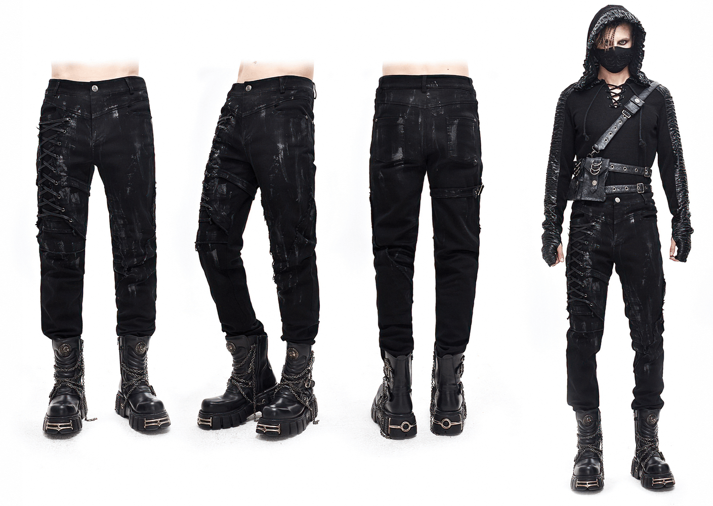 Gothic Slim Fit Pants with Lace-up on Right Leg / Belt Buckle Black Trousers