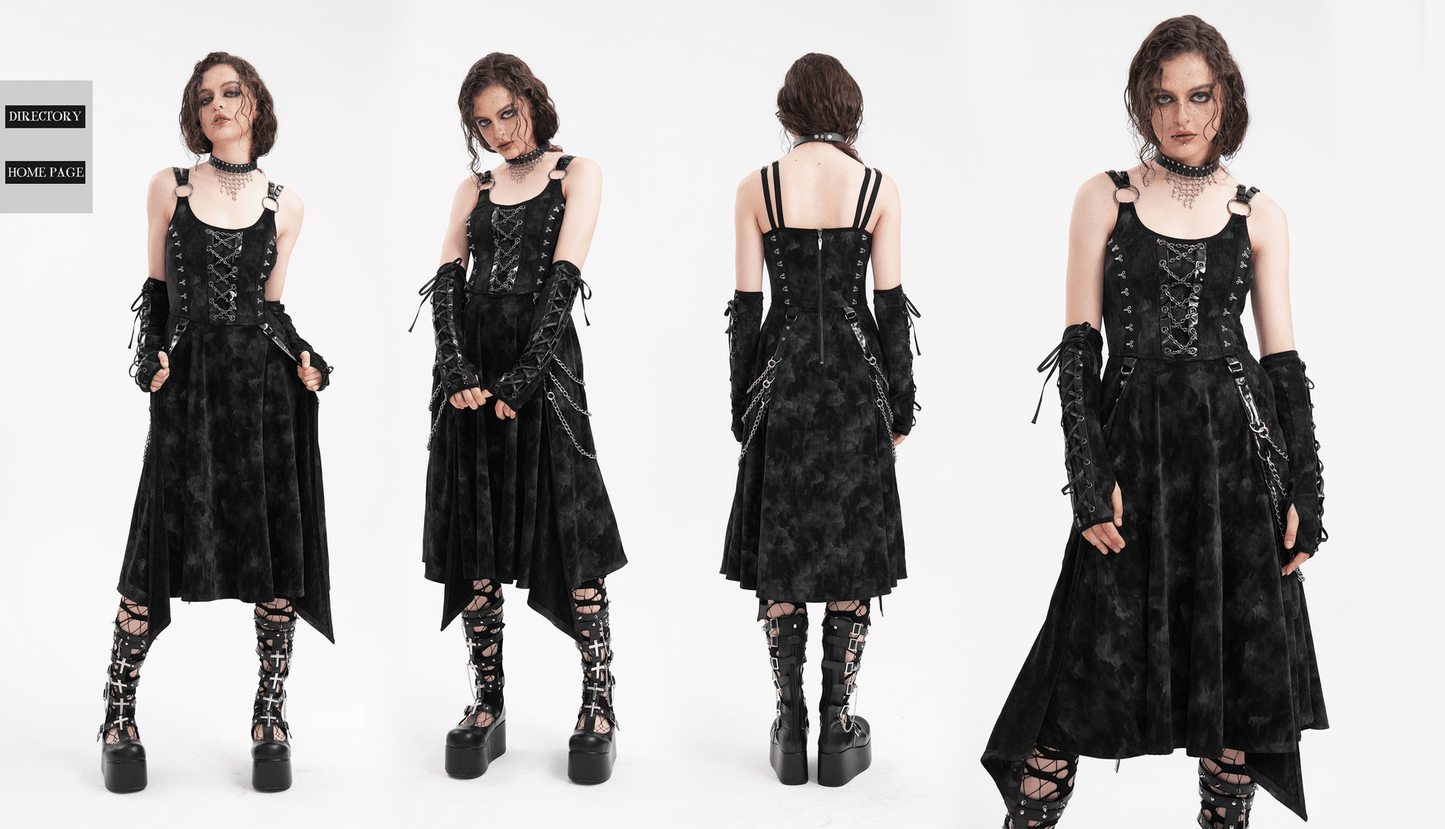 Gothic Slip Dress with Chains and Gloves for Women