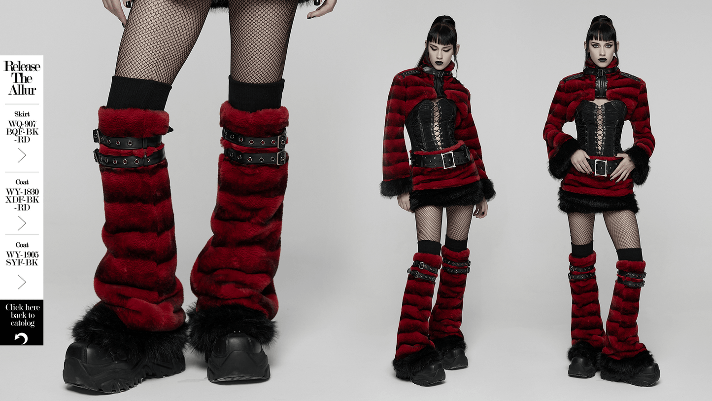 Gothic Striped Red Fur Leg Warmers with Buckle Straps