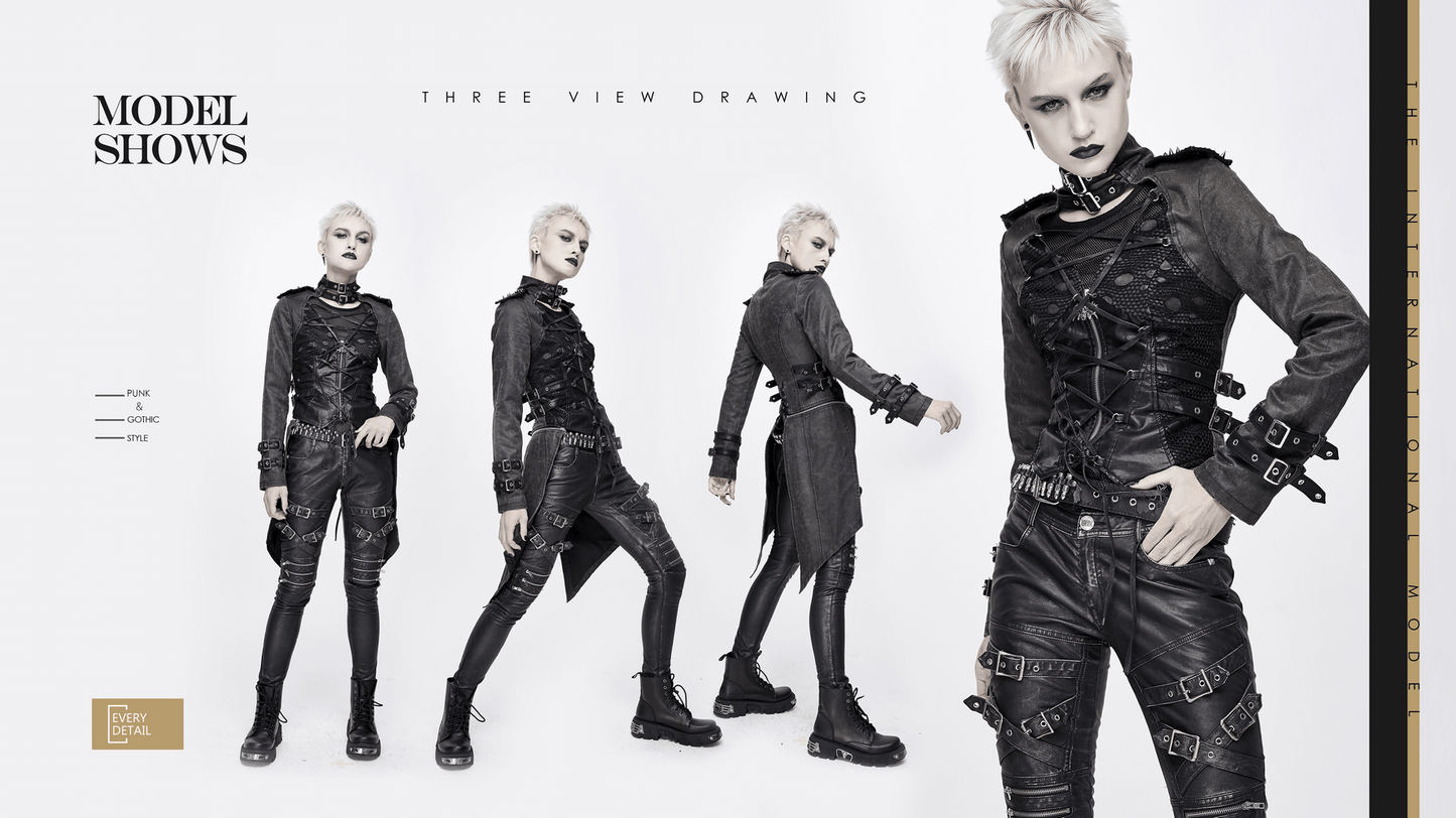 Gothic Style Black Zipper Coat with Removable Hem / Women's Lace up Coat with Rivet on Shoulders