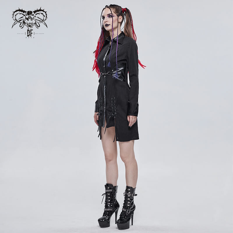 Gothic Style Female Shirt Dress with Lapel / Punk Rock Black Long Blouse for Women