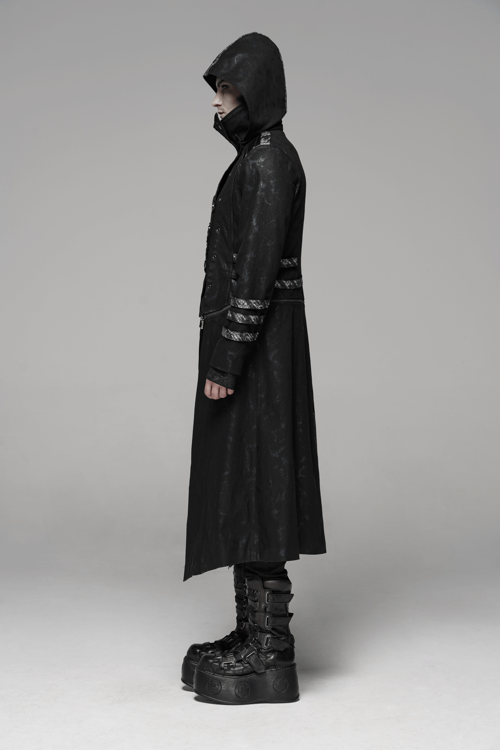 Gothic Style Hooded Longline Coat with Buckles
