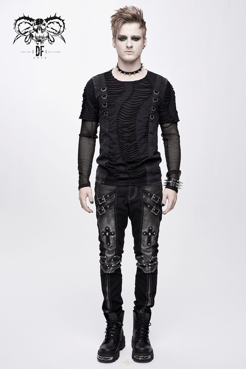 Gothic Style Studded Tight Pants with Pockets / Men's Trousers with Dual Buckle Straps