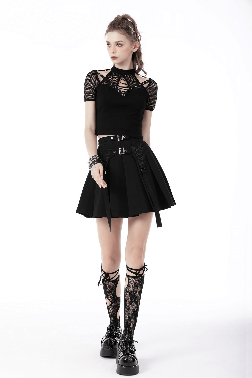 Gothic Stylish Black Pleated Skirt with Lace-Up Detail