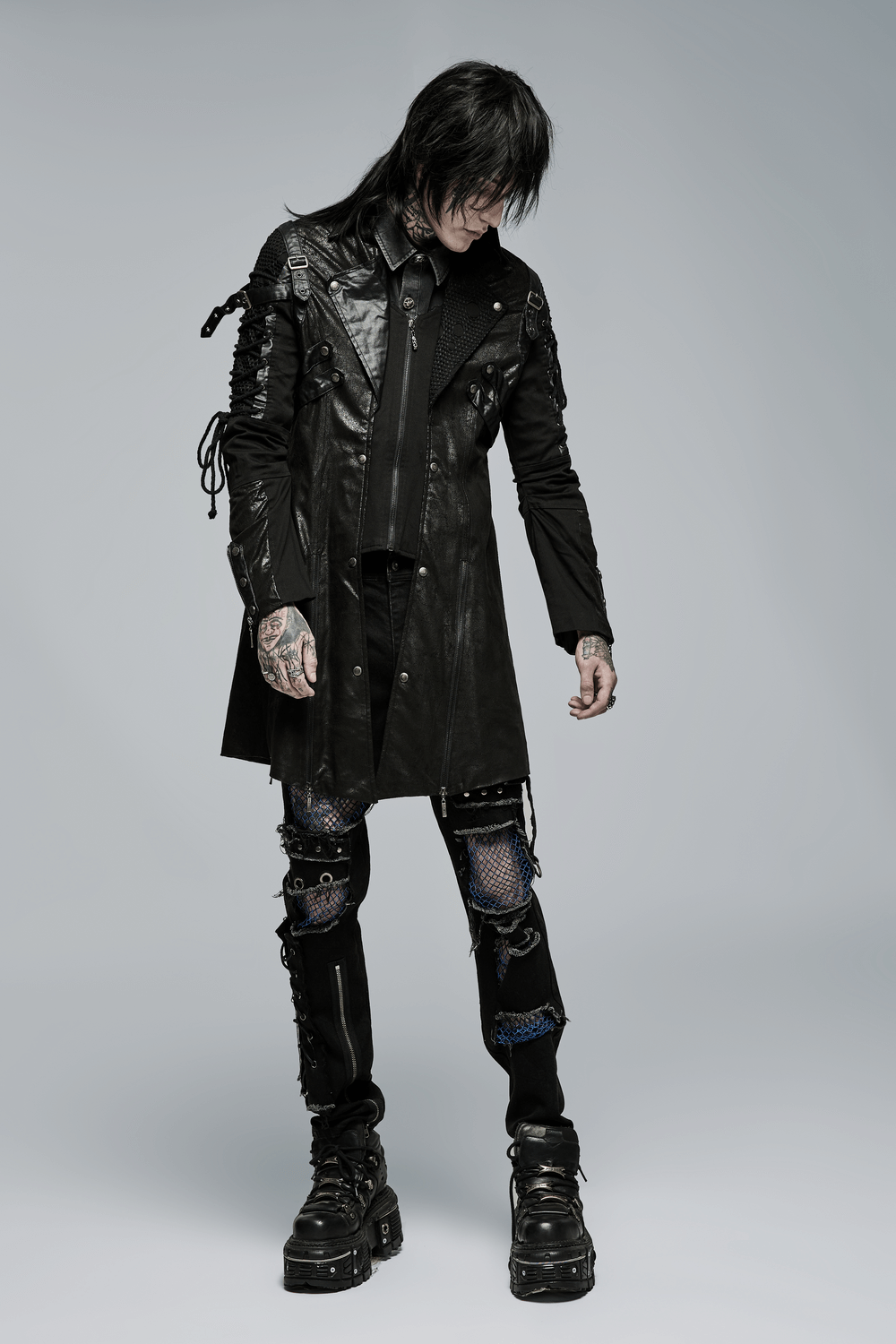 Gothic Trench Coat with Lacing and Zip Detail for Men