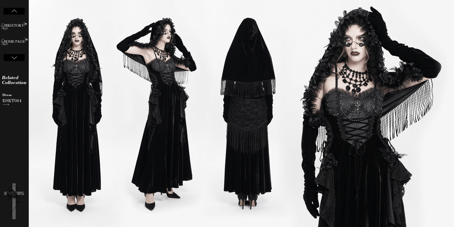 Gothic Velvet Hooded Cape with Floral Detailing and Fringe