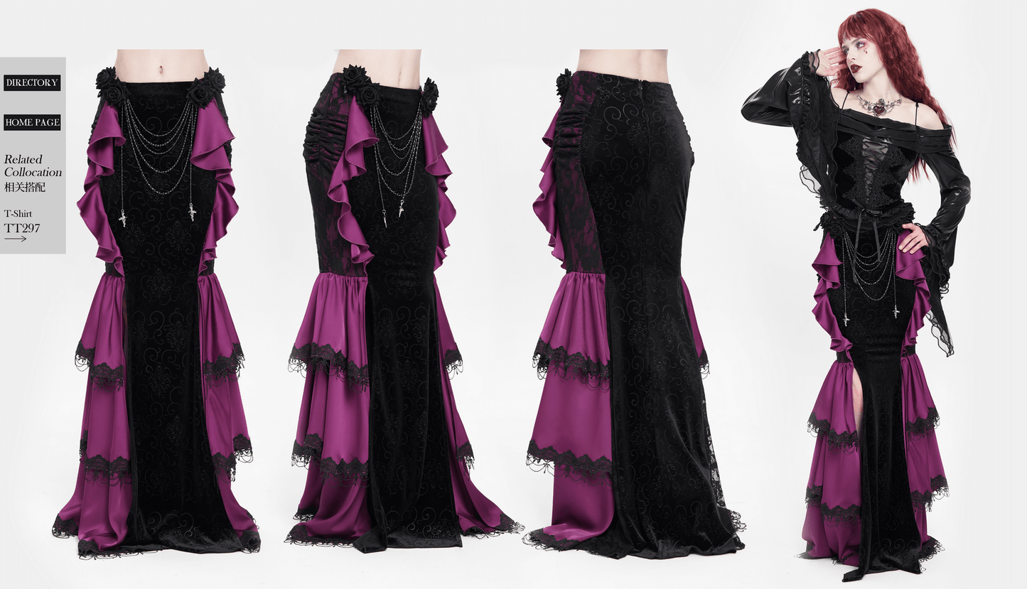 Gothic Velvet Maxi Skirt with Purple Ruffles and Chains