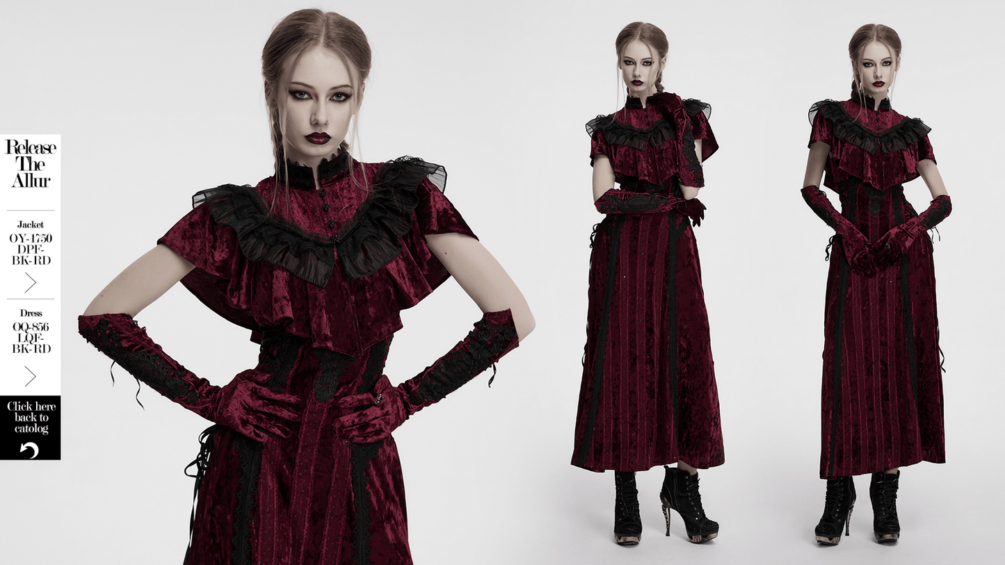 Gothic Velvet Opera Gloves with Black Lace Embroidery