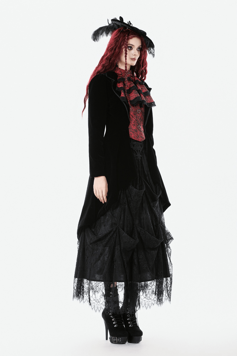 Gothic Velvet Tailcoat with Wine Red Ruffled Shirt Insert