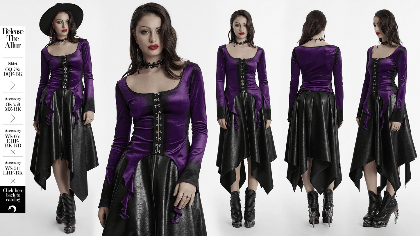 Gothic Velvet Top with Metal Buckles and Dramatic Hem