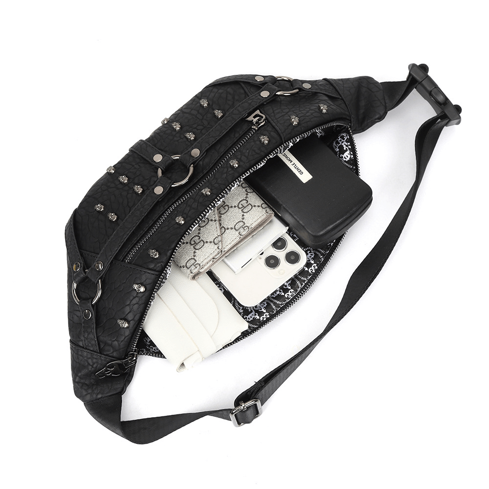 Gothic Waist Bag With Metal Skulls / Fashion Small Bag With Adjustable Strap