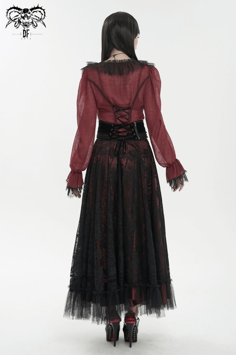 Gothic Wine Red Ruffle Top with Black Lace / Female Long Sleeves Top