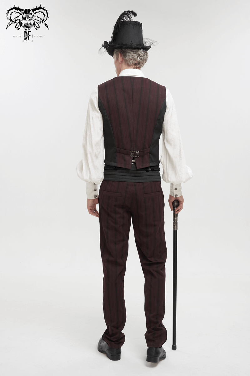 Gothic Wine Red Stripes Waistcoat with Datachable Swallow Tail / Male V-Neck Buttons Waistcoat