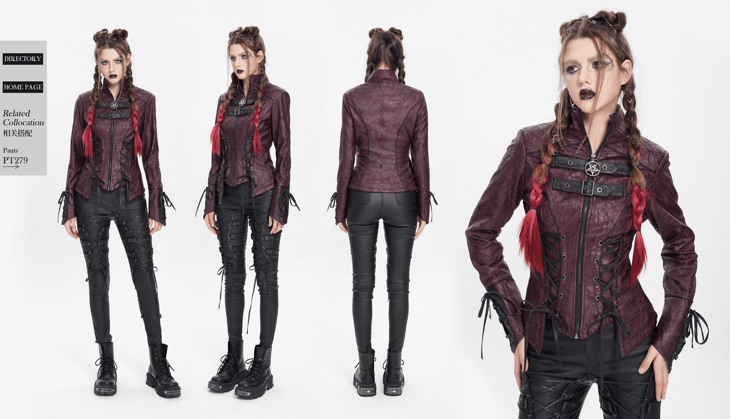 Gothic Women's Purple Faux Leather Jacket with Buckles