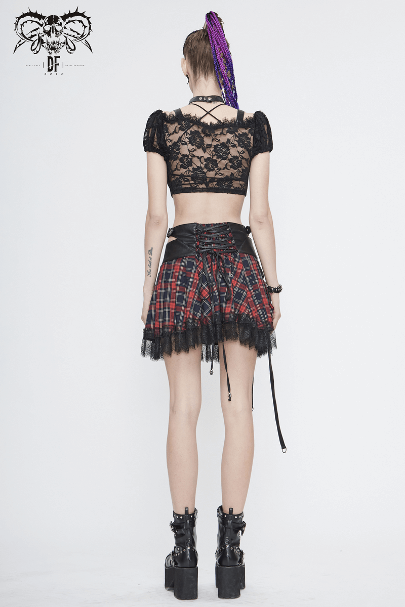 Gothic Women's Black & Red Plaid Crop Top / Stylish Lace Floral Pattern Short Sleeve Tops