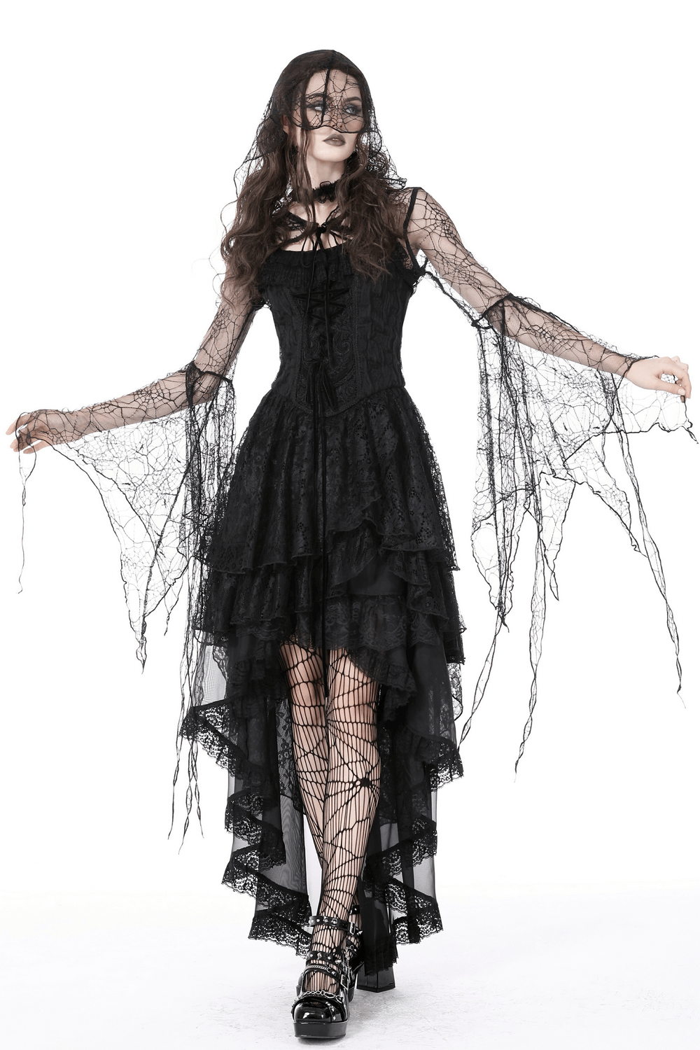 Gothic Women's Black Sheer Delicate Lace Hooded Cape