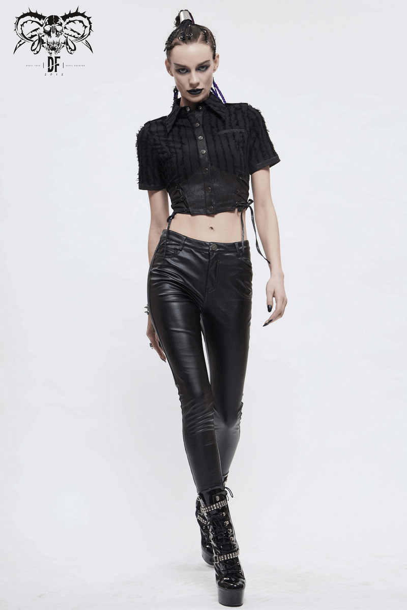 Gothic Women's Black Short Sleeve Blouse / Original Lady Turn-down Collar Short Shirt on Buttons