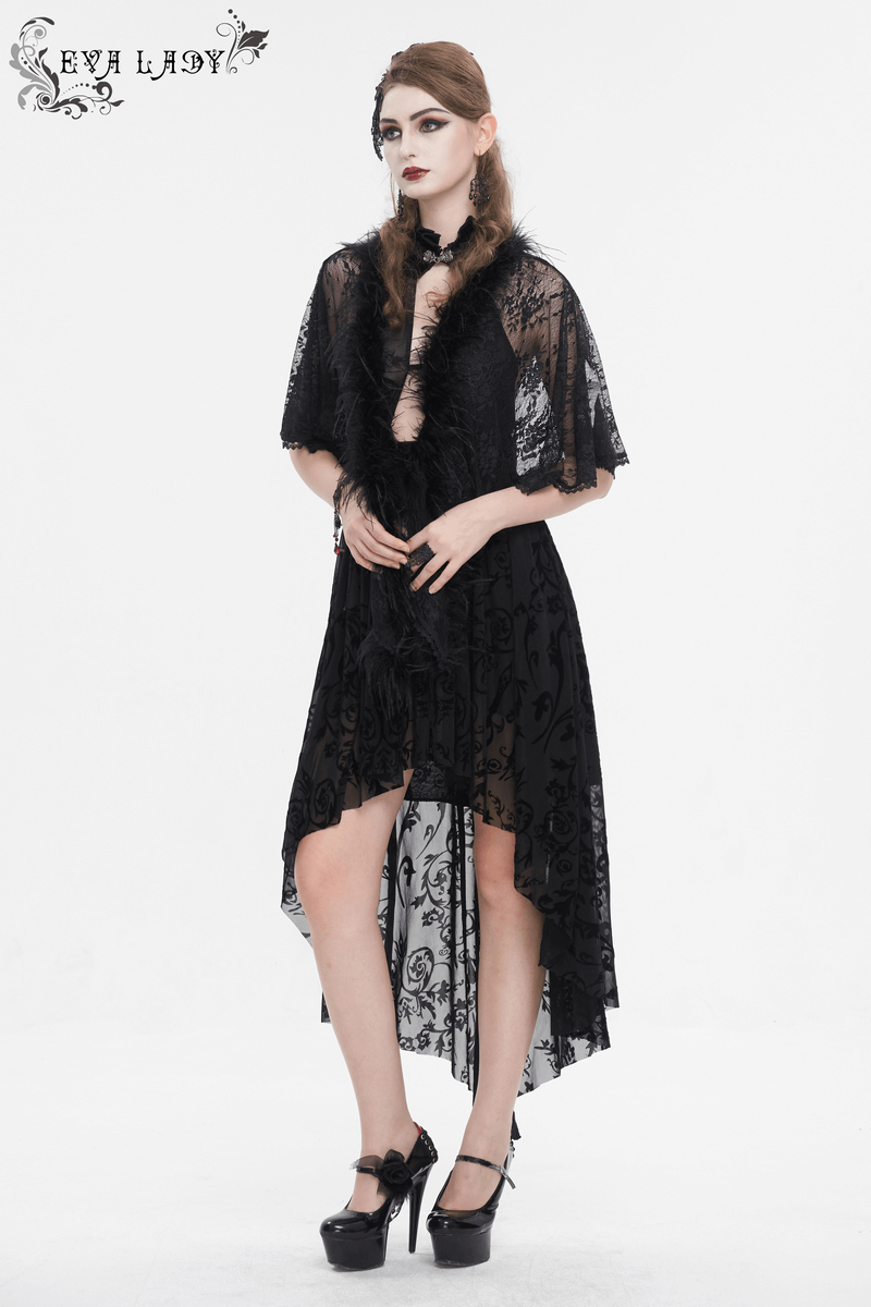 Gothic Women's Floral Lace Pattern Cape with Irregular Fluffy Hem