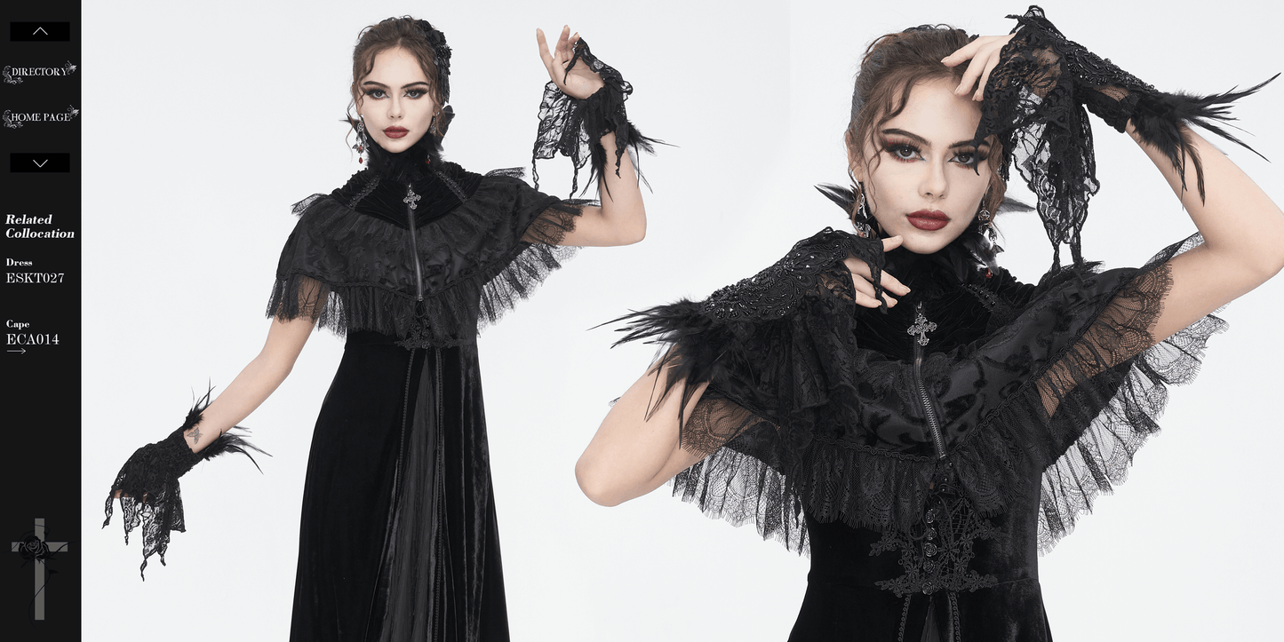 Gothic Women's Lace Fingerless Gloves with Feathers