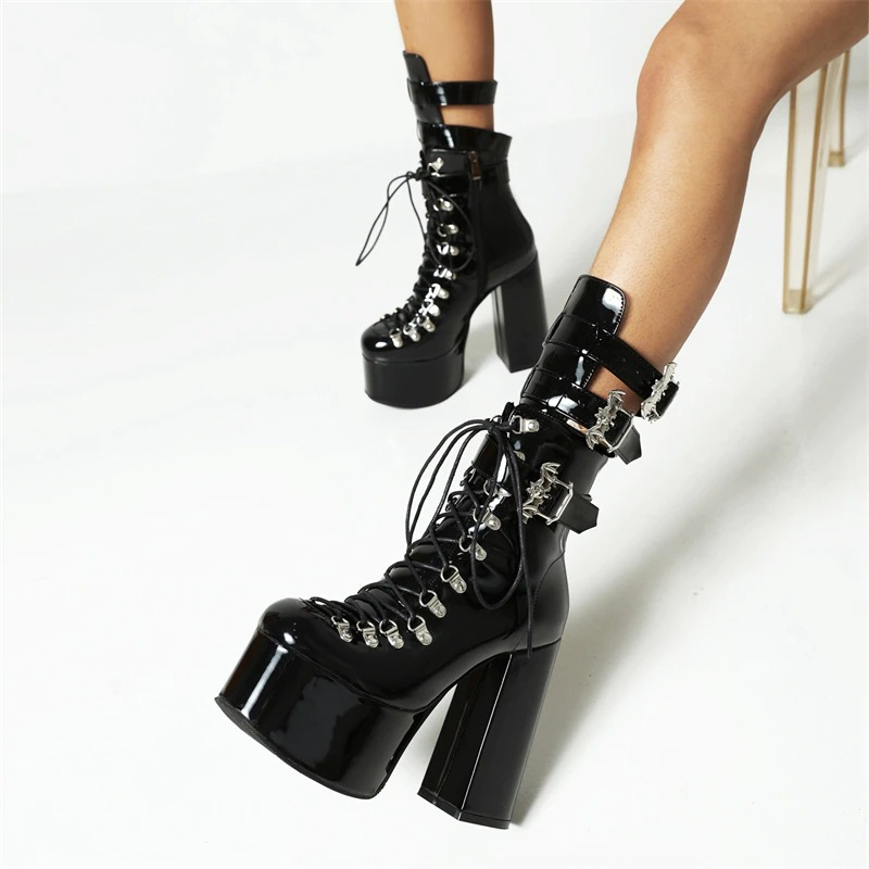 Gothic Women's Patent Leather Short Boots / Fashion High Heel Boots with Bat Buckle