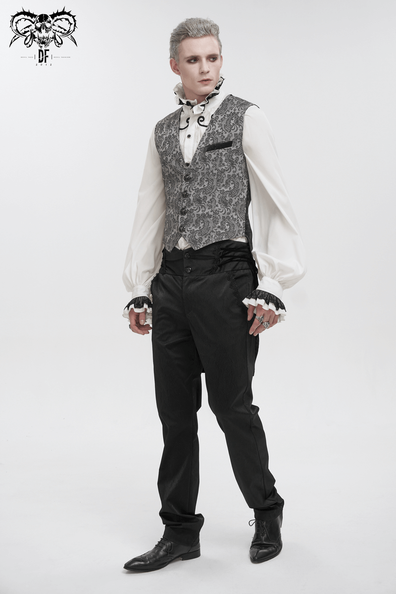 Gray and Black Gothic Jacquard Tailed Waistcoat for Men / Retro Elegant Male Clothing
