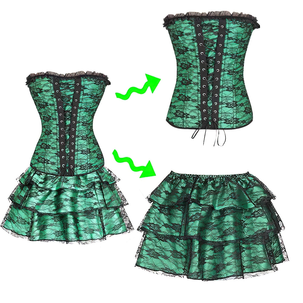 Green Corset Dress Suit / Lace Up With Skirt and Corset / Rave outfits