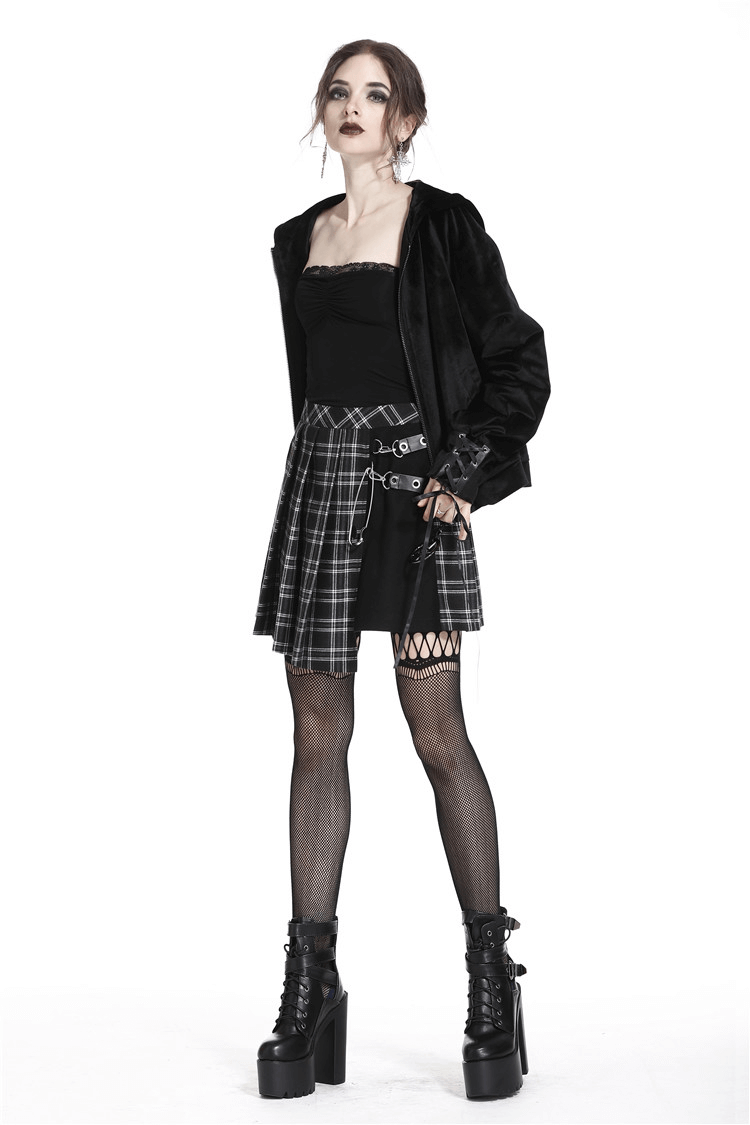 Grunge Gothic Asymmetrical Plaid Skirt with Large Pin Accents