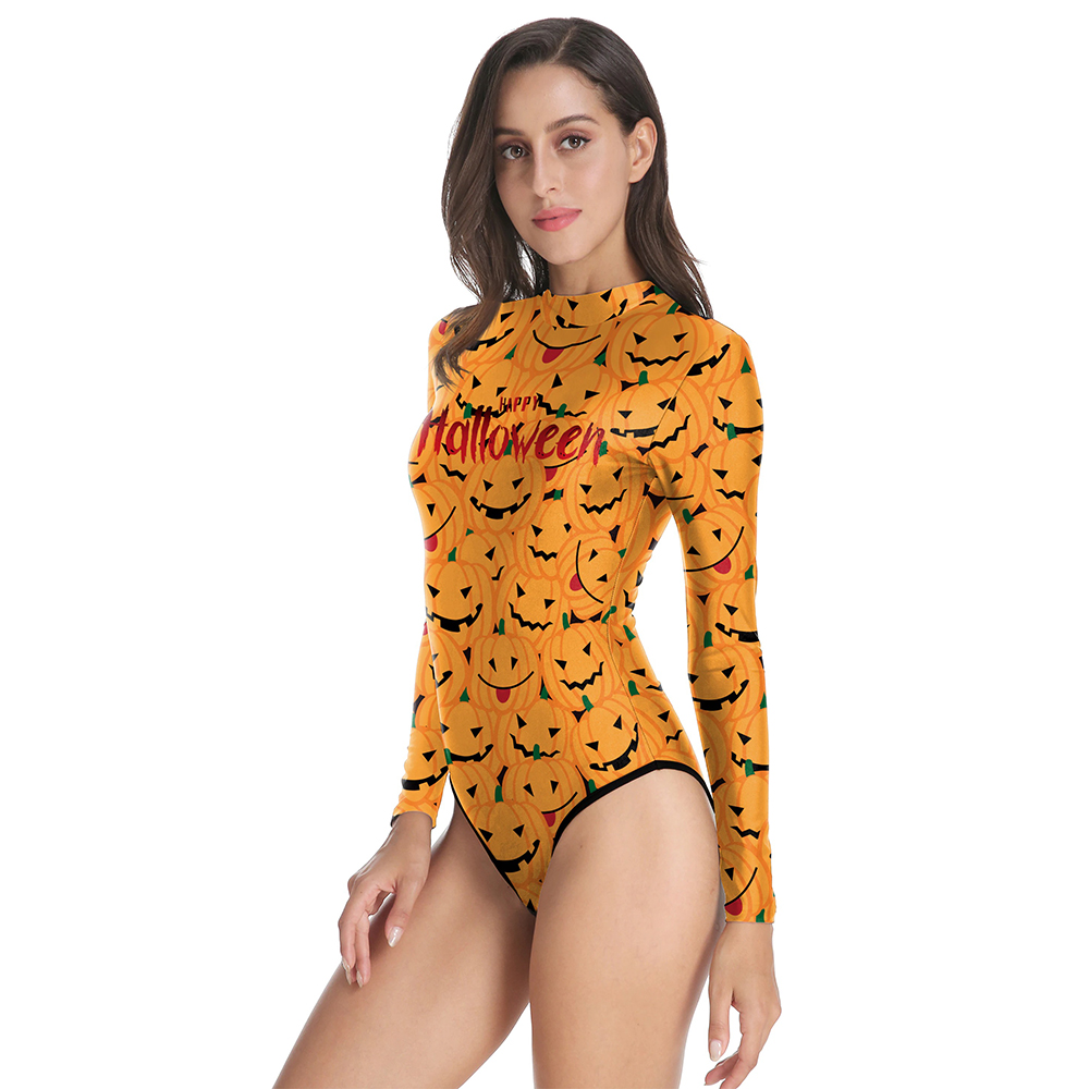 Halloween Women's One-Piece Swimsuit with Pumpkin Print / Sexy Slim Long Sleeve Swimwear