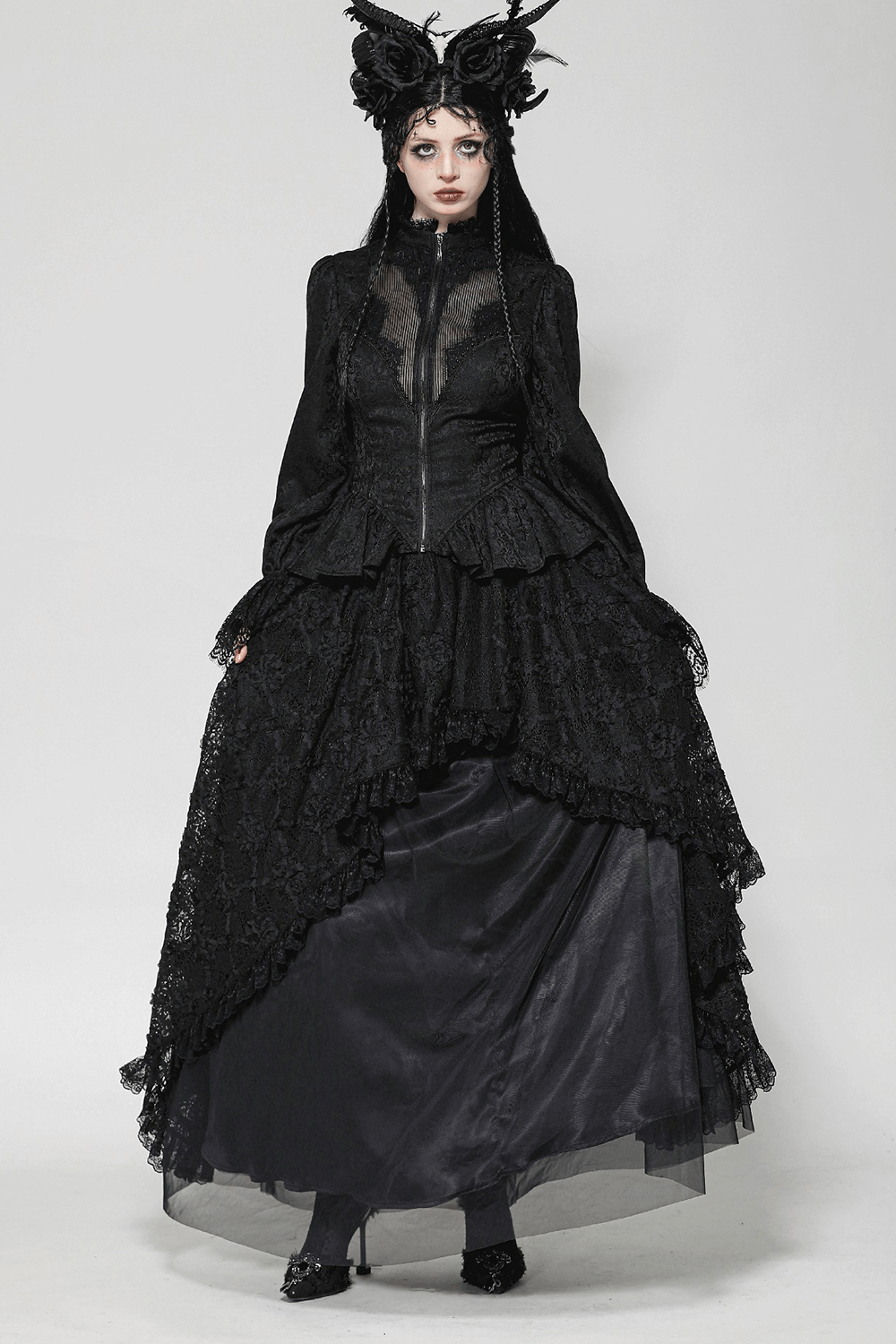 High-Low Lace Tailcoat with Sheer Sleeves and Corset Waist