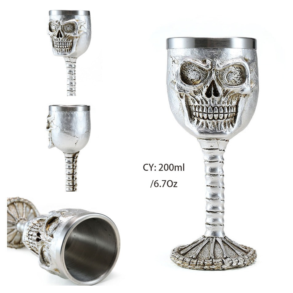 Horrible Silver Skull King Wine Glass with Stainless Steel and Resin / Vintage Style Bar Drinkware