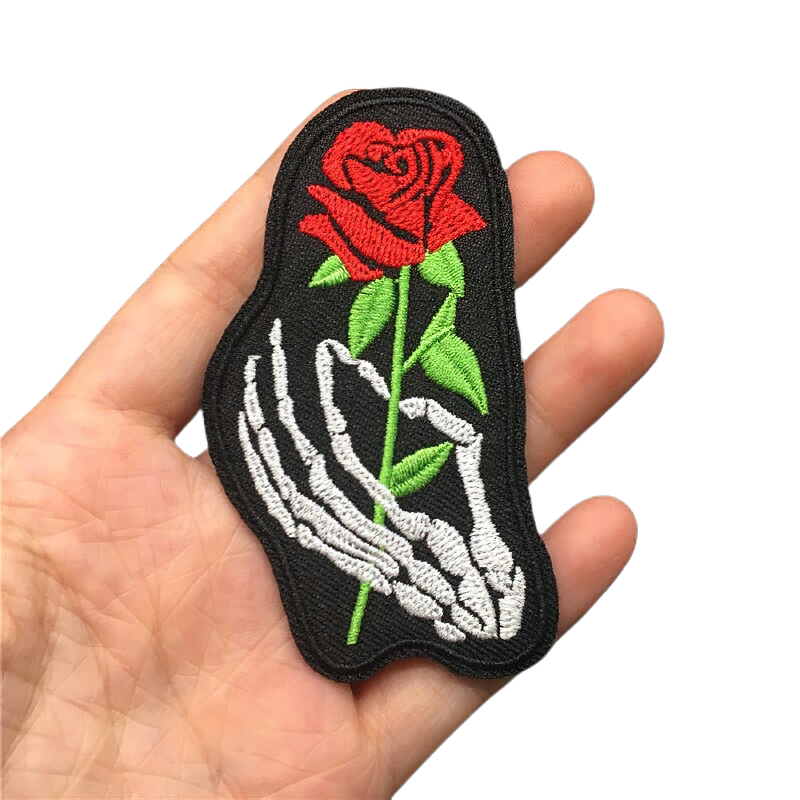 Iron-On Patch Of Skeleton Hand With Rose For Clothing / Gothic Stylish Embroidery Patch