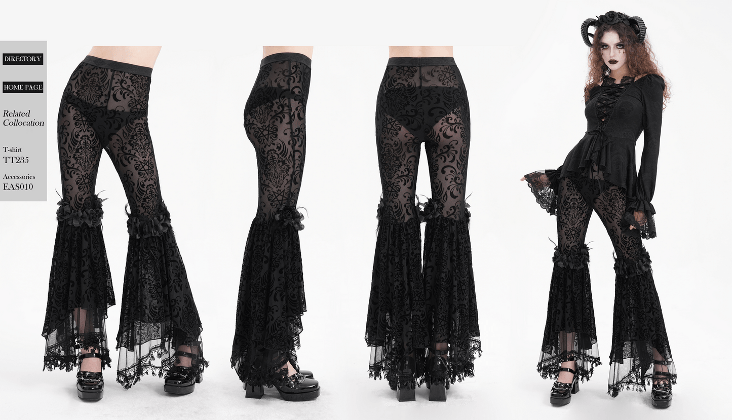 Lace Flare Pants with Velvet Pattern and Gothic Details