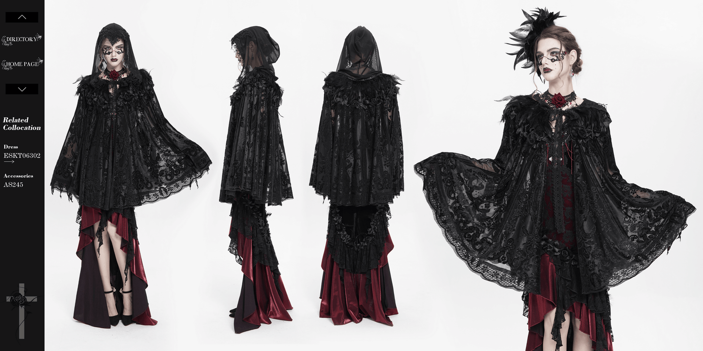Lace Gothic Hooded Cape with Roses and Feather Detailing