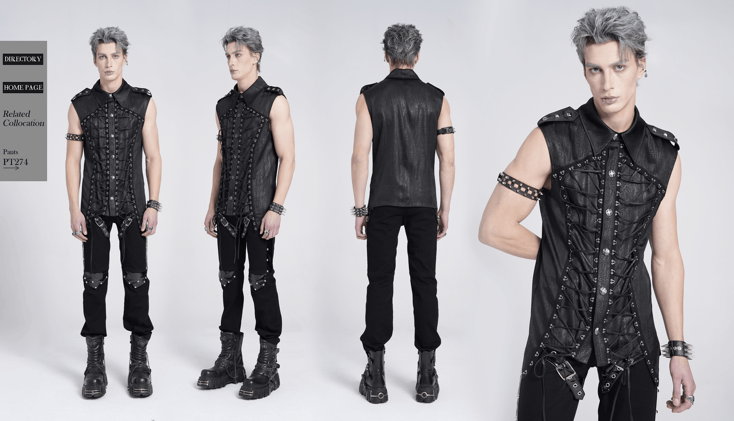Lace-Up Sleeveless Shirt with Epaulets and Metal Buttons