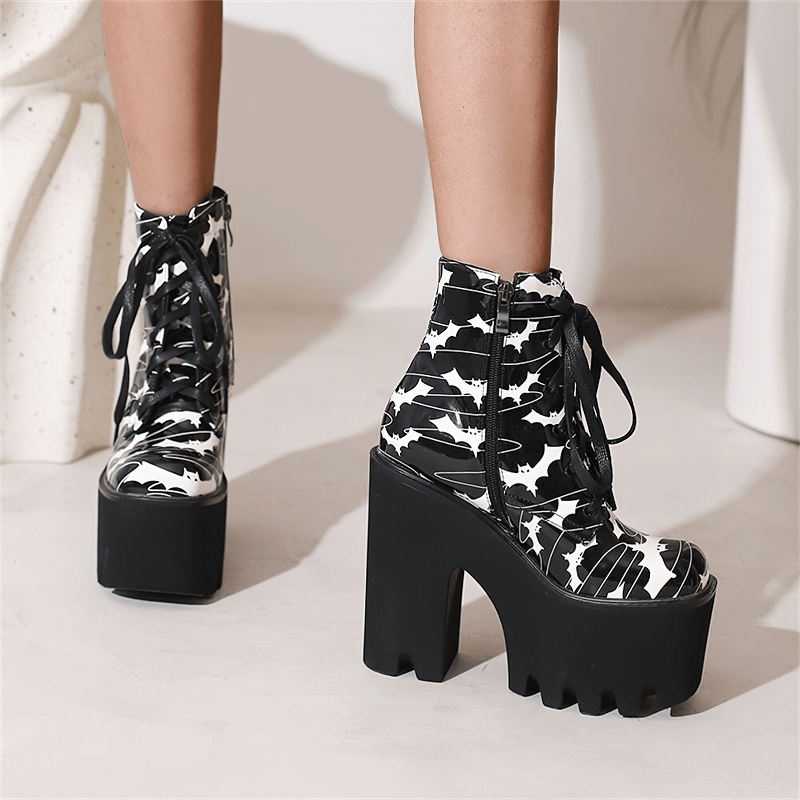 Ladies Goth Platform Ankle Boots with Bats Print / Fashion Thick High Heels Boots for Women