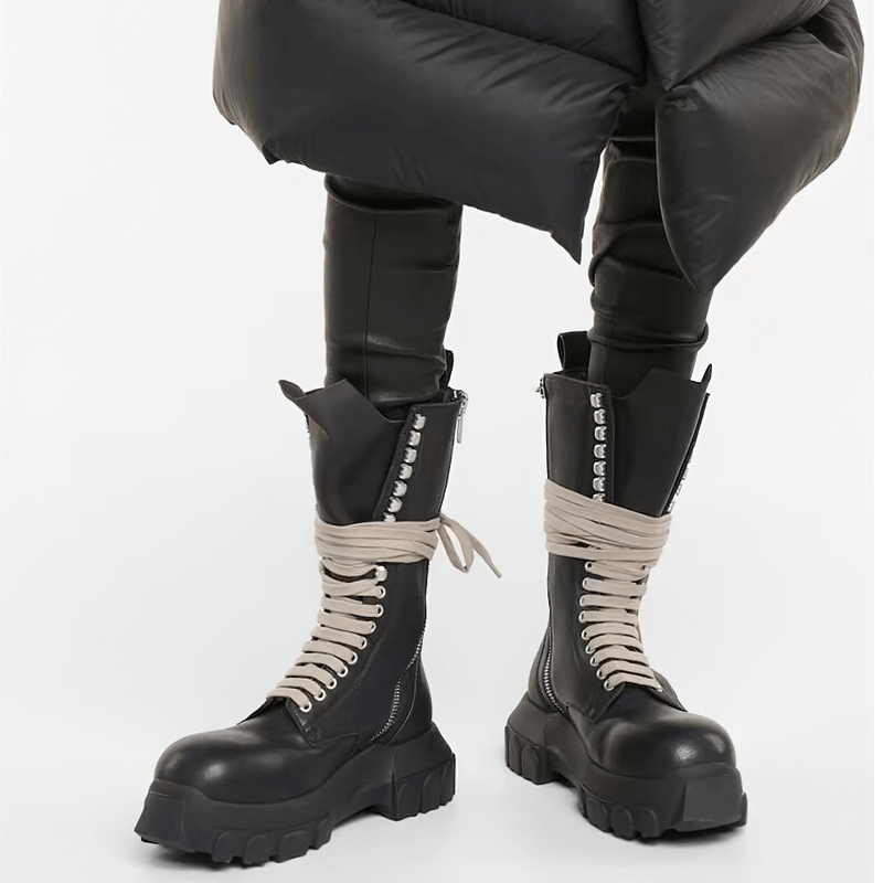 Luxury Men's Lace Up Thick Sole Shoes / Retro Zipper Mid-Calf Motorcycle Boots