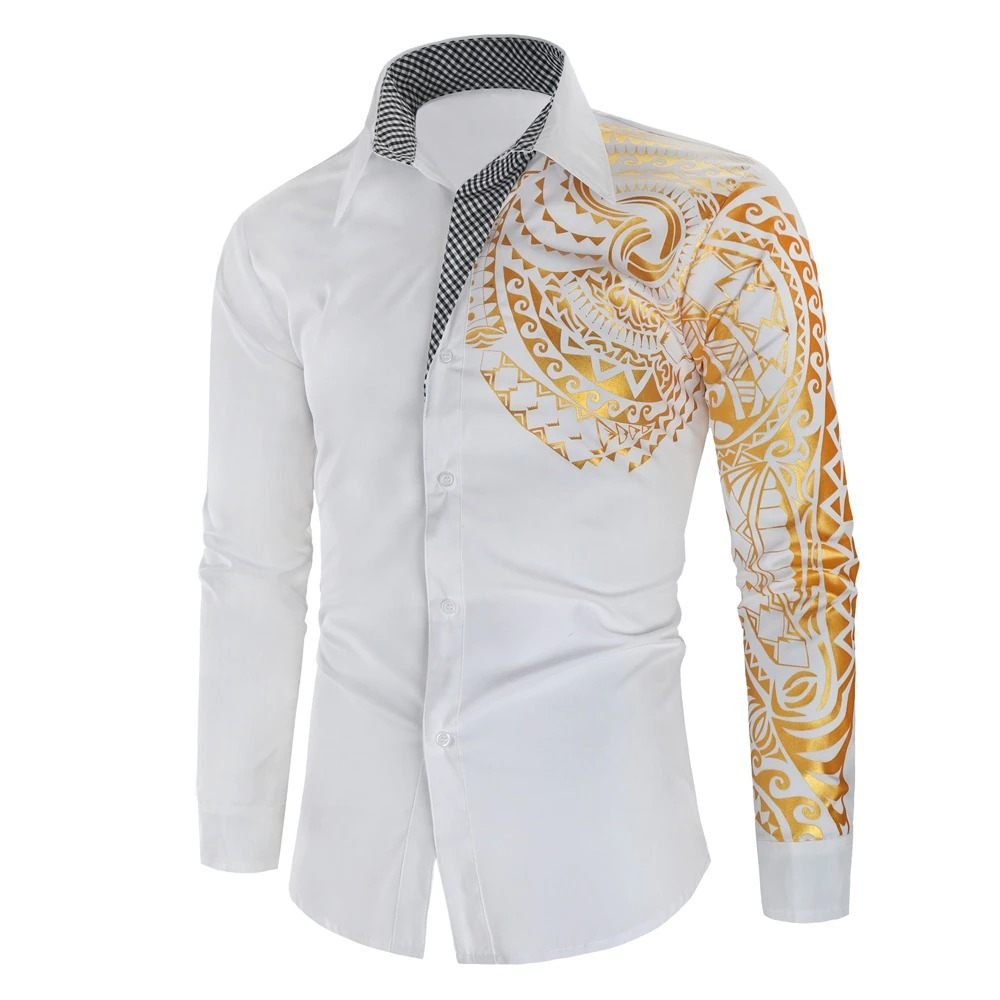Luxury Men's Shirt with Gold Print / Fashion Slim Fit Long Sleeve Shirts