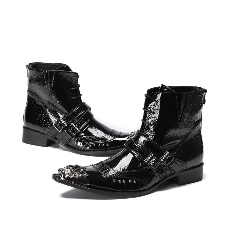 Luxury Patent Leather Metal Pointed Toe Boots for Men / Trendy Male Lace Up Ankle Boots with Buckle