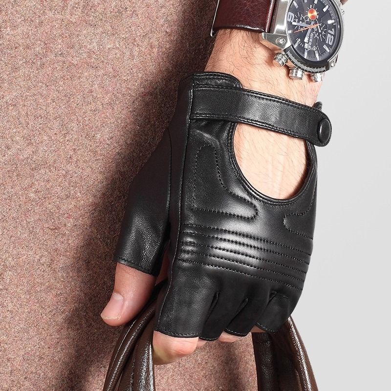 Male Real Leather Fingerless Gloves / Tactics Gloves of Sheepskin in Punk Style