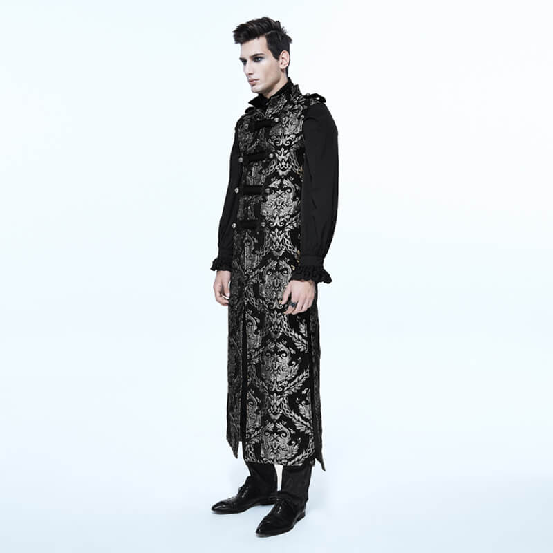 Men's Gothic Silver Embroidered Long Sleeveless Coat