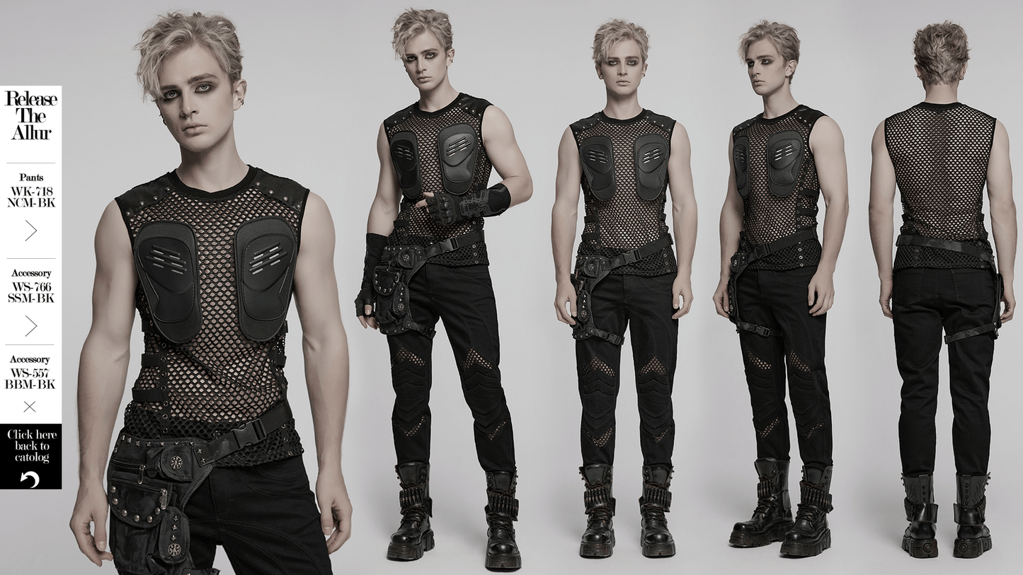 Men's Cyber Punk Mesh Top with Faux Leather and Studs
