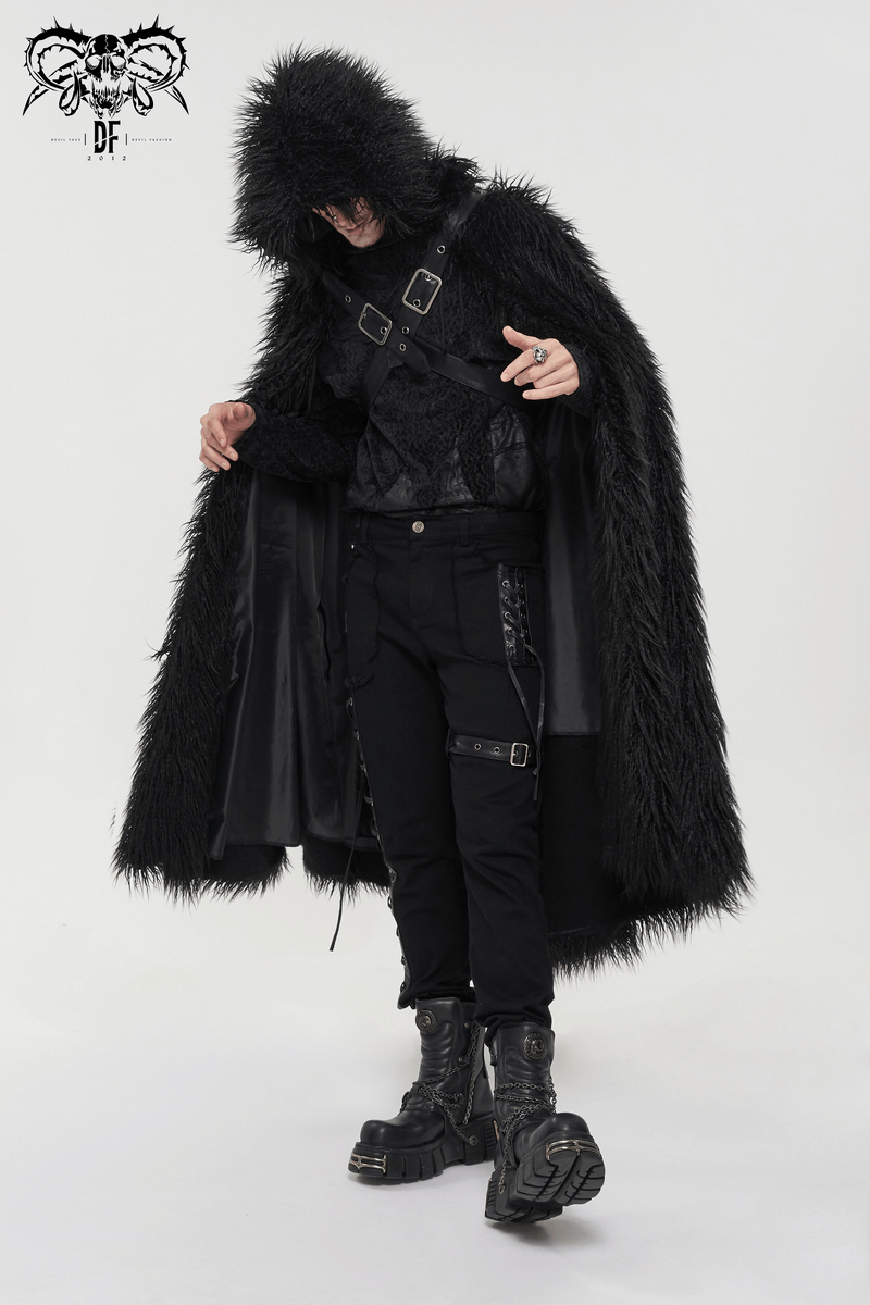 Men's Gothic Long Cloak with Hooded / Dark Male Warm Faux Fur Buckle Coat