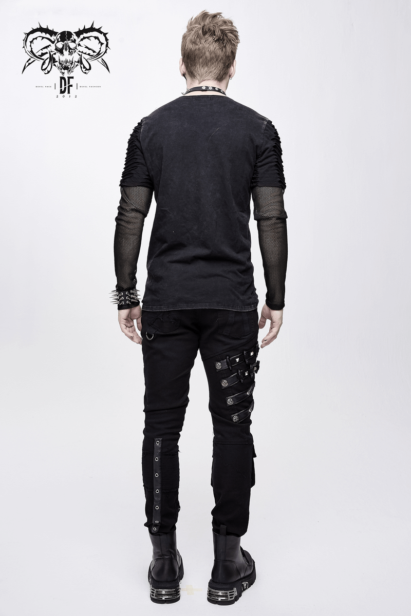 Men's Black & Asymmetric Pants with Lacing / Punk Gothic Jeans with Buckles and Studs