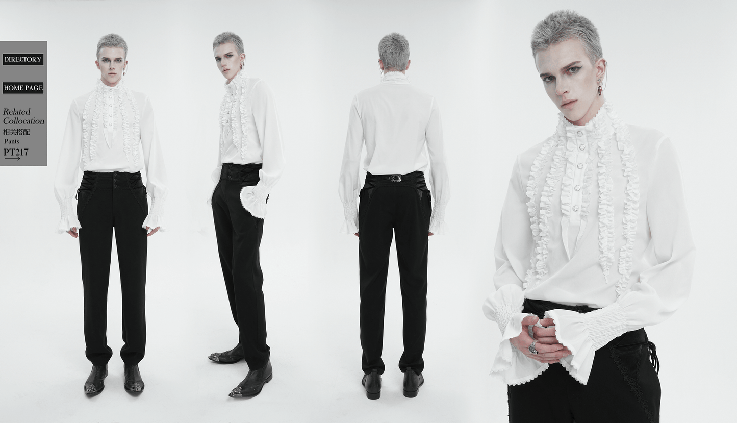 Men's Frilly White Shirts With Buttons on Front / Vintage Long Sleeves Clothes with Ruffled Cuffs