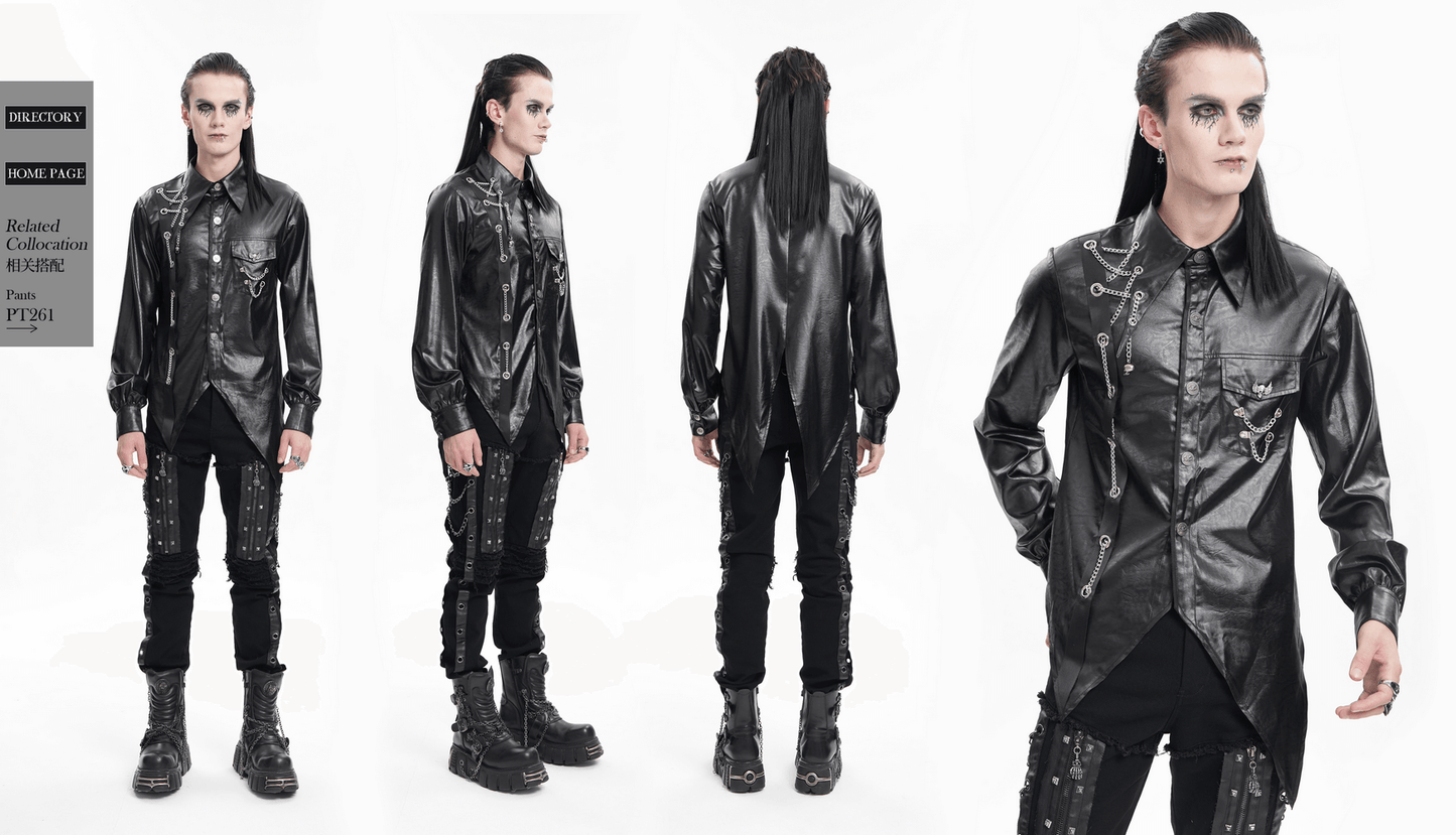 Men's Gothic Faux Leather Shirt with Chain Detail
